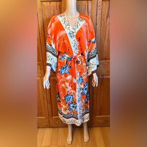 NWOT Women’s Bohemian Kimono Cover Up Orange Red Floral Crane Print One Size